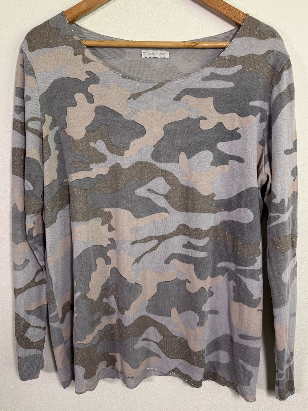 Made in Italy Gray Camo Metallic Knit Tunic Top Boat Neck S